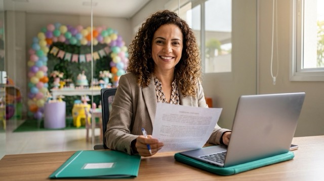 mulher usando modelo de contrato de festa para automatizar rotina de gestão de buffet